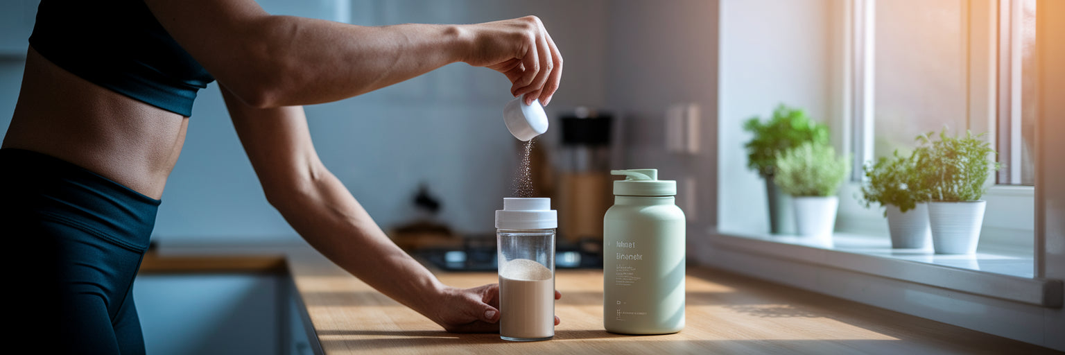 Person preparing a plant-based protein shake.