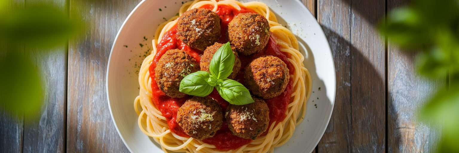 Plate of spaghetti with high-protein vegan meatballs.