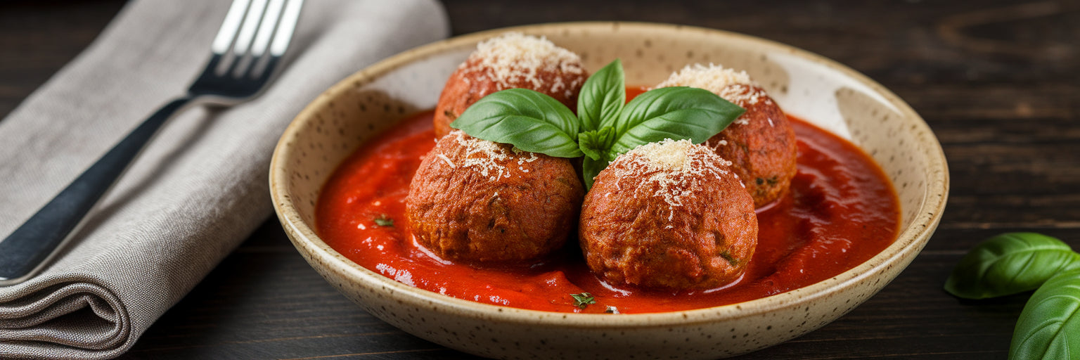 High-protein vegan meatballs in marinara sauce.