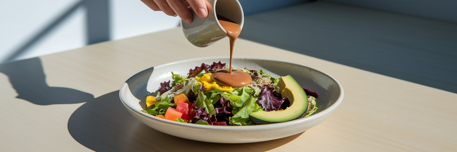 Drizzling creamy protein dressing on salad.