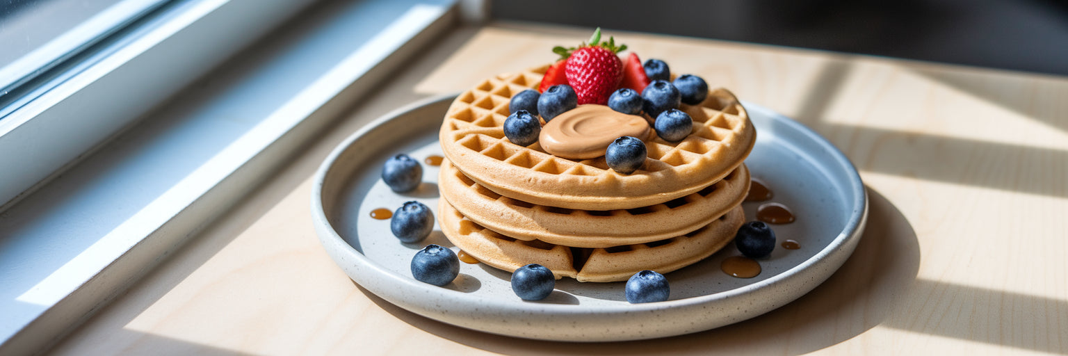High-protein vegan waffles with berries and almond butter.
