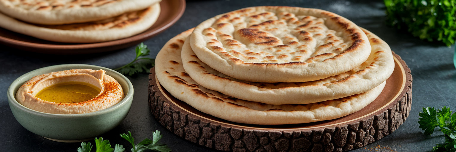 Stack of high-protein vegan flatbreads with hummus