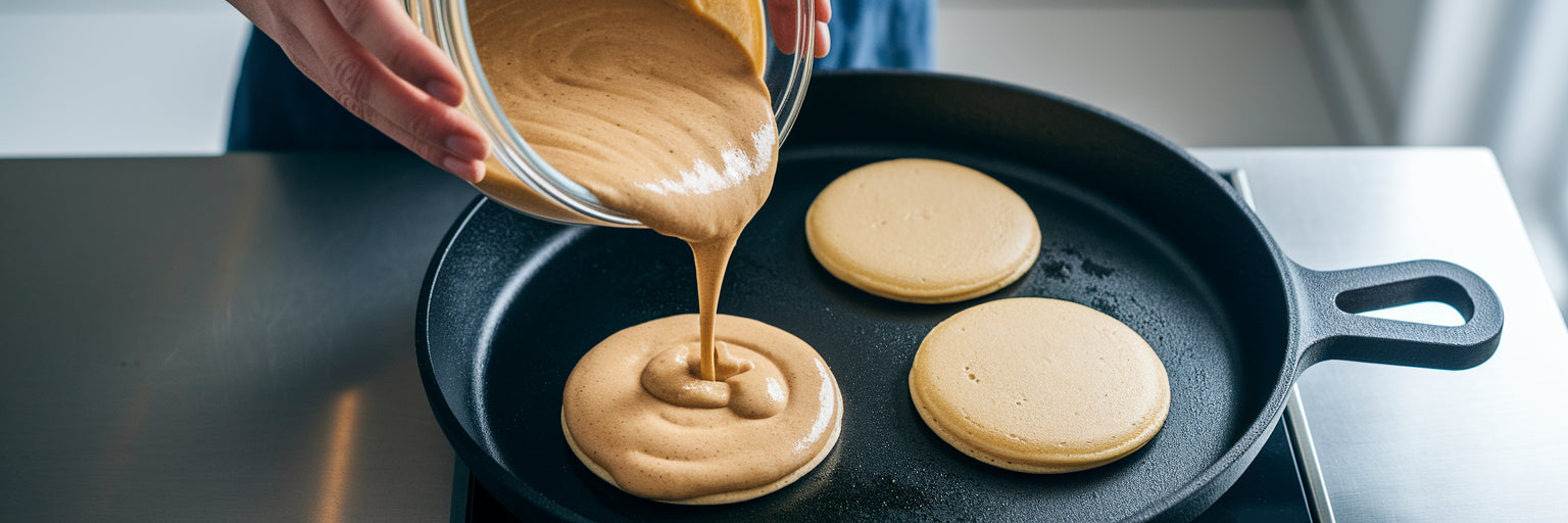 Pouring vegan protein pancake batter.