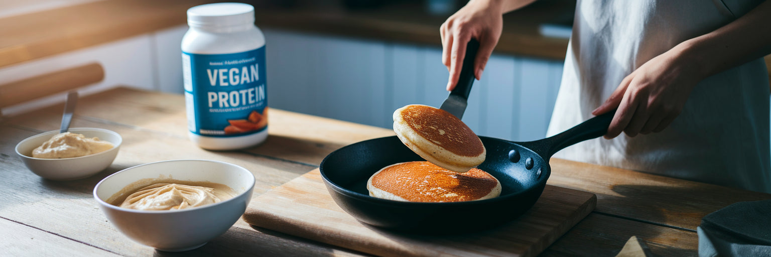 Cooking high-protein vegan pancakes skillet.