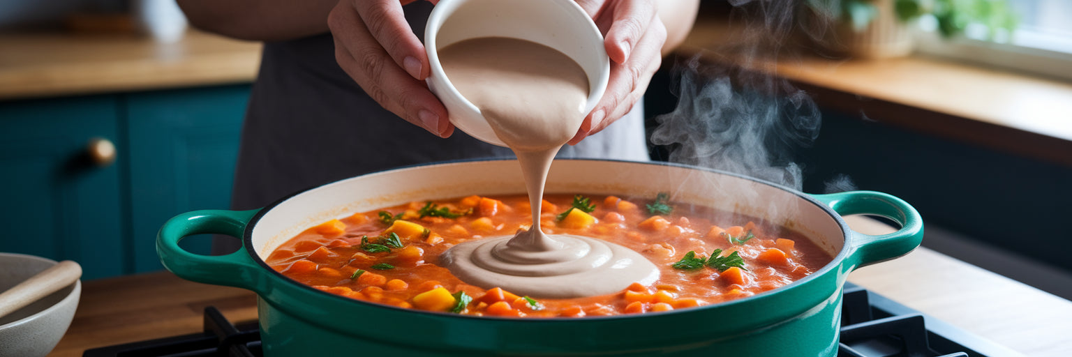 Adding protein slurry to vegan stew