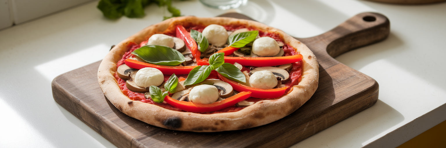 High protein vegan pizza with fresh vegetables.