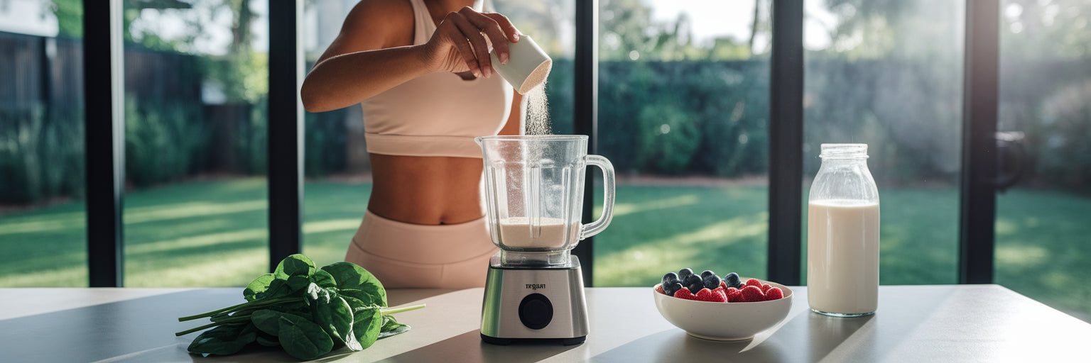 Person adding vegan protein to blender