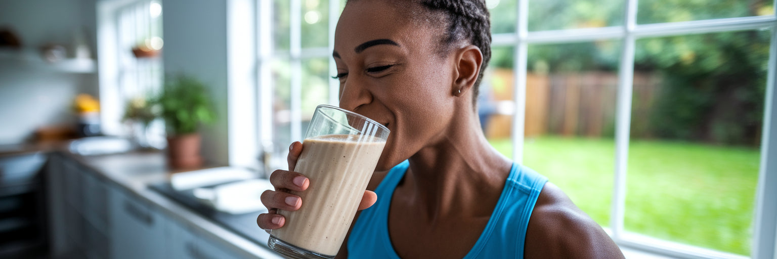 Person enjoying post-workout vegan protein smoothie.