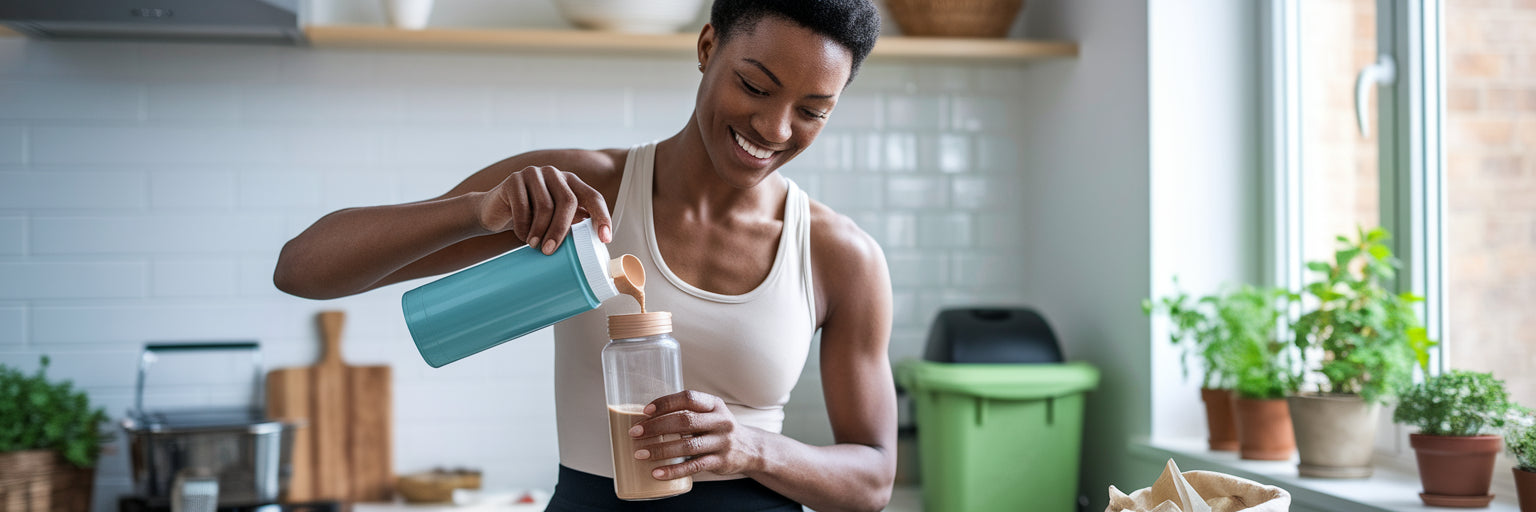 Person making a vegan protein shake.