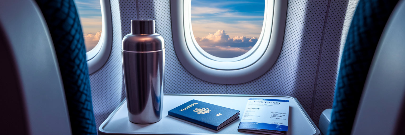 Shaker bottle and passport on airplane tray table.
