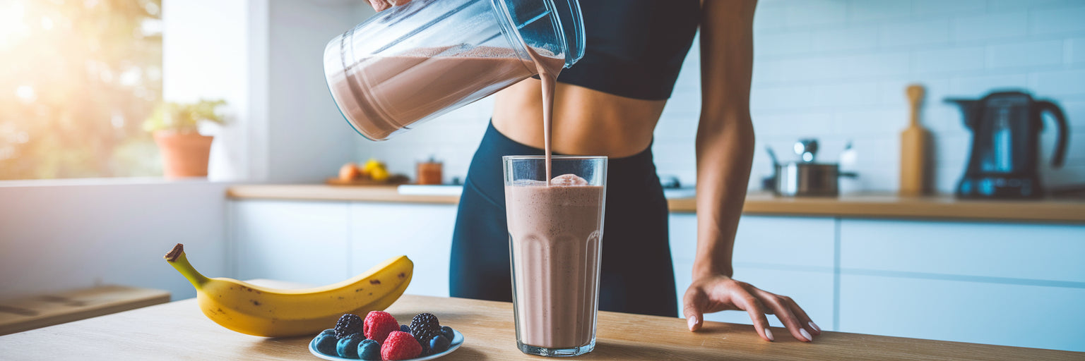 Person pouring a healthy vegan protein shake.