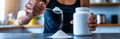 Scooping creatine monohydrate powder from container.