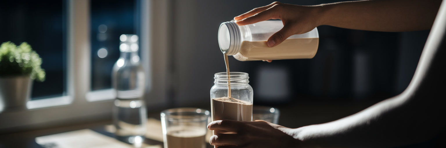 Person preparing a vegan protein shake at night.
