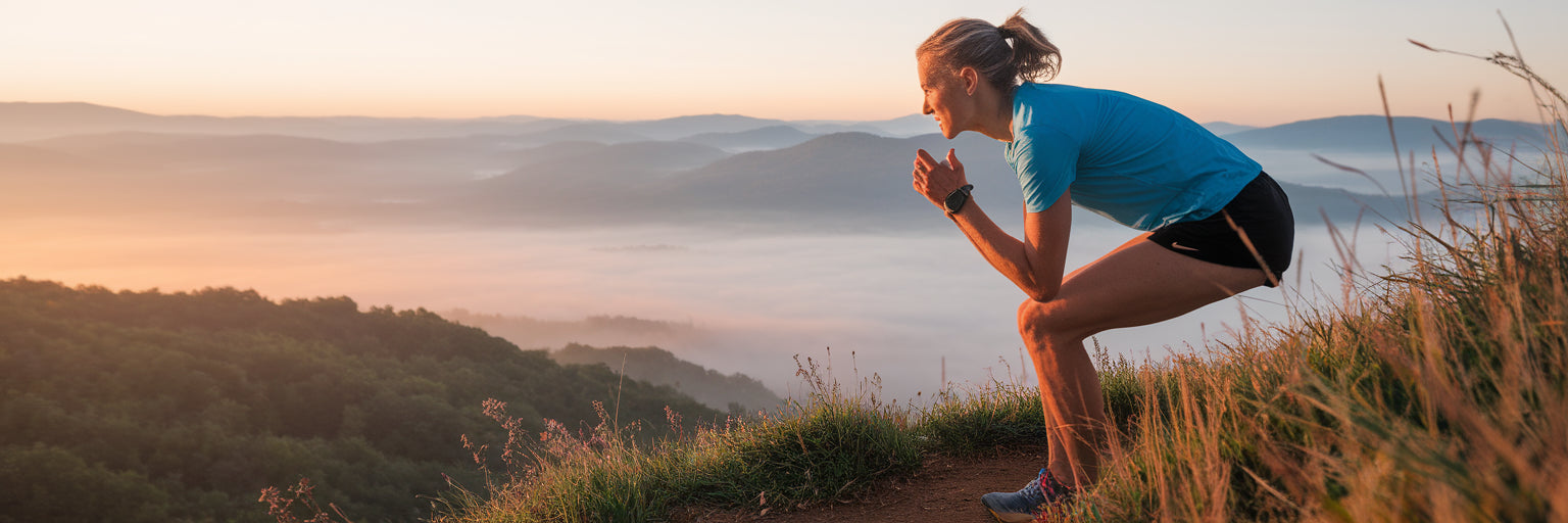 Runner watching sunrise on mountain trail.