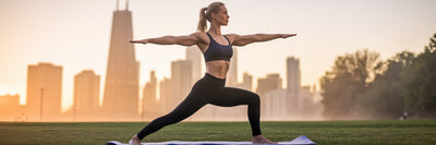 Woman doing yoga in a park at sunrise