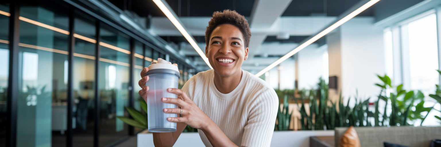 Energized office worker with protein shake.