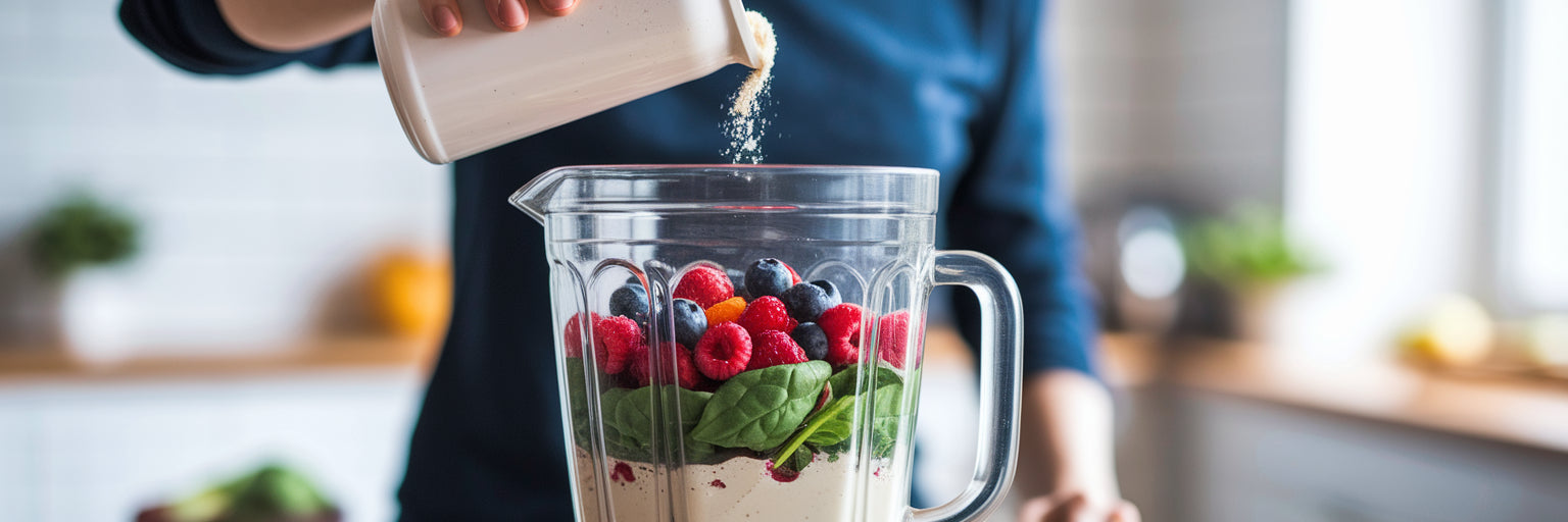 Person making a vegan protein smoothie.
