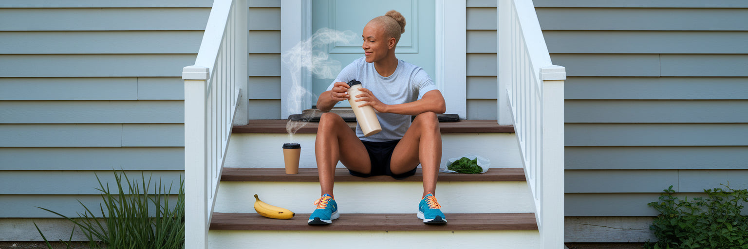 Runner preparing a post-run vegan protein shake.