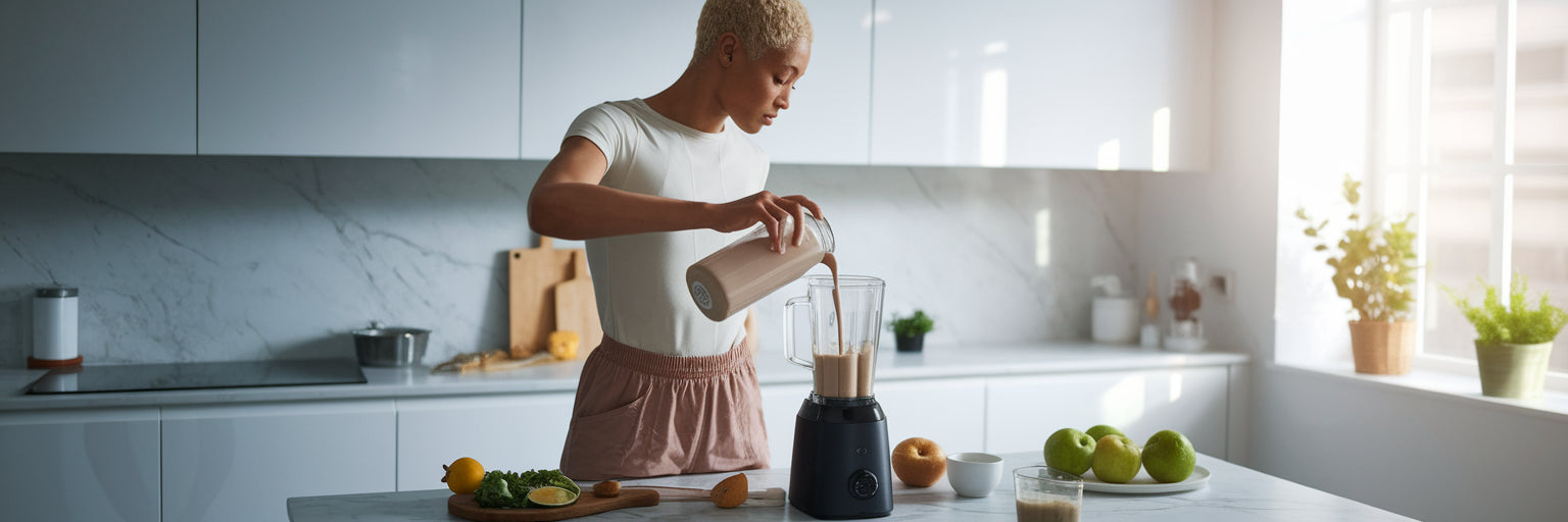 Person making a vegan protein shake.