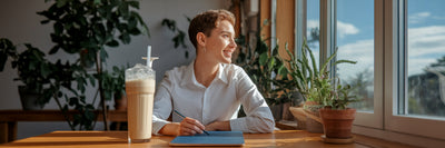 Person at desk feeling energized.