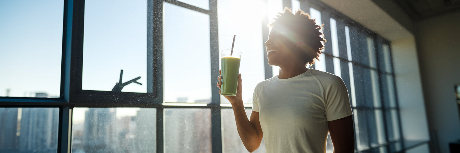 Person with morning protein smoothie.