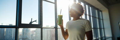 Person with morning protein smoothie.