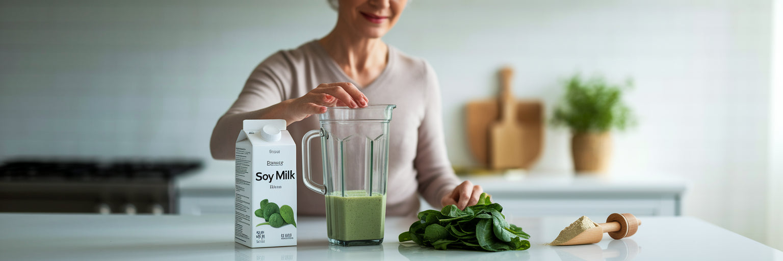 Woman making a healthy vegan protein smoothie.
