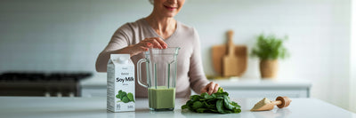 Woman making a healthy vegan protein smoothie.