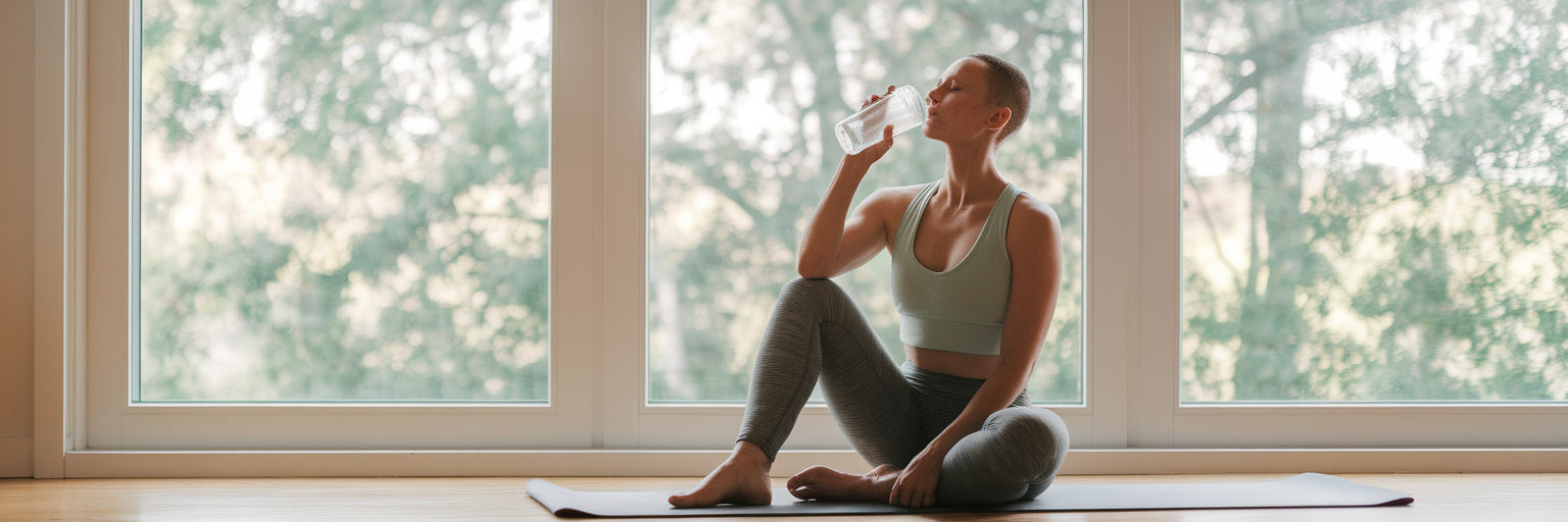 Person recovering after yoga with protein shake.