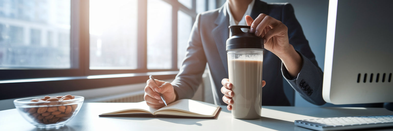 Professional enjoying a vegan protein shake at desk.