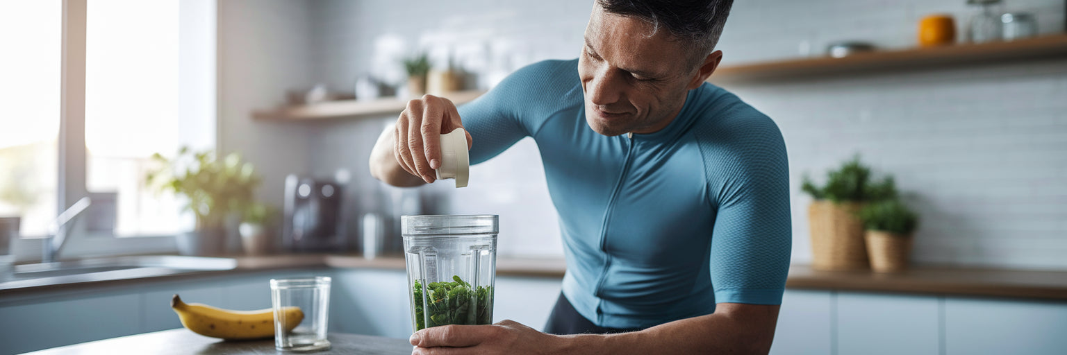 Cyclist preparing vegan protein recovery shake.
