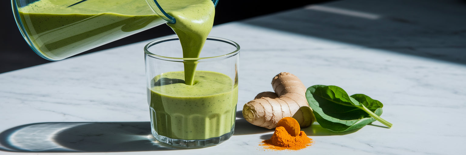 Pouring a healthy vegan protein smoothie.