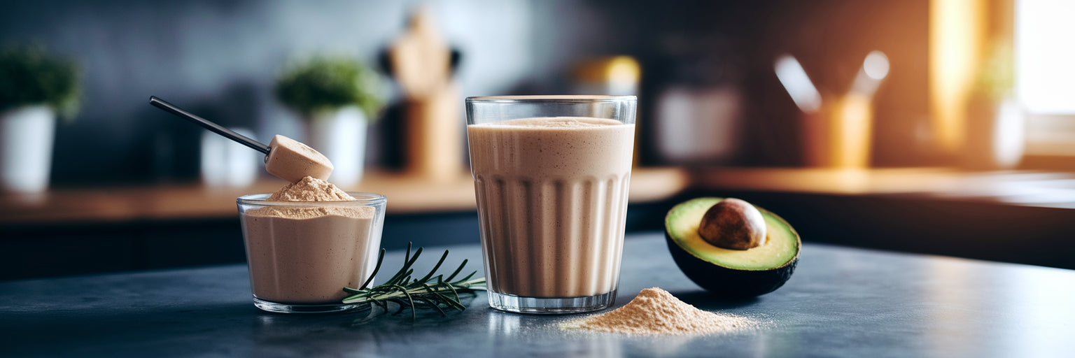 Vegan protein powder and savory ingredients on kitchen counter.