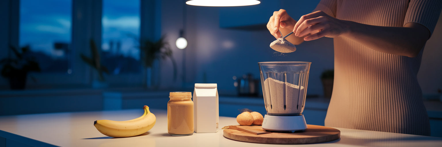 Person preparing a vegan protein shake.