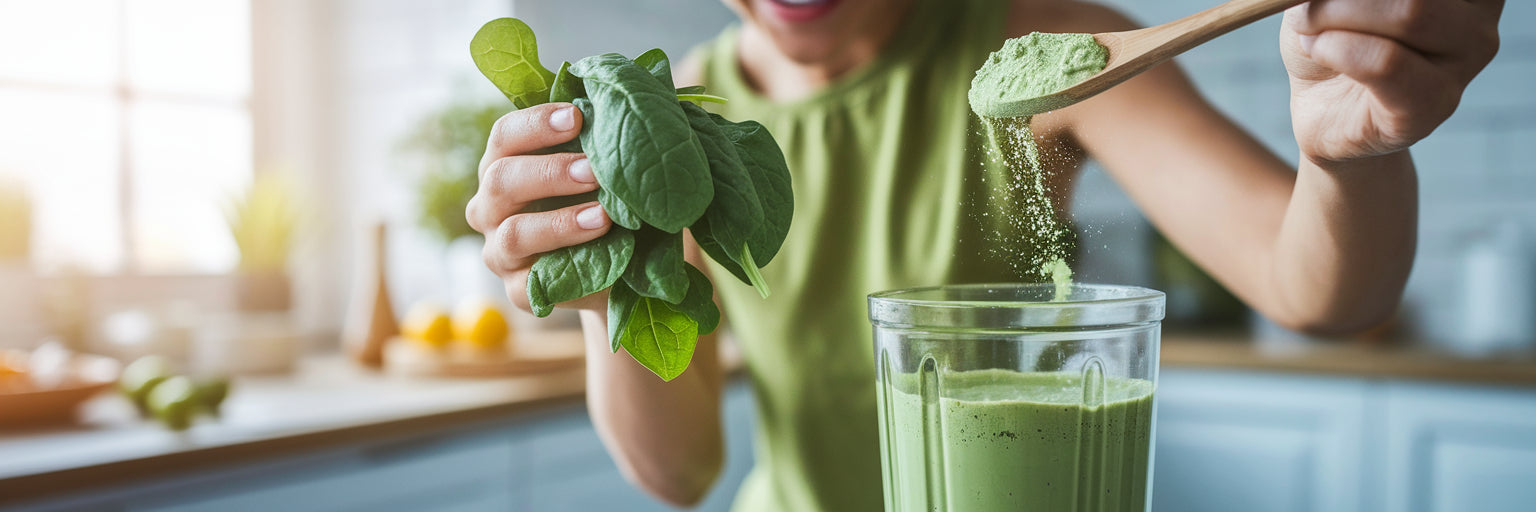 Person making a green vegan smoothie.