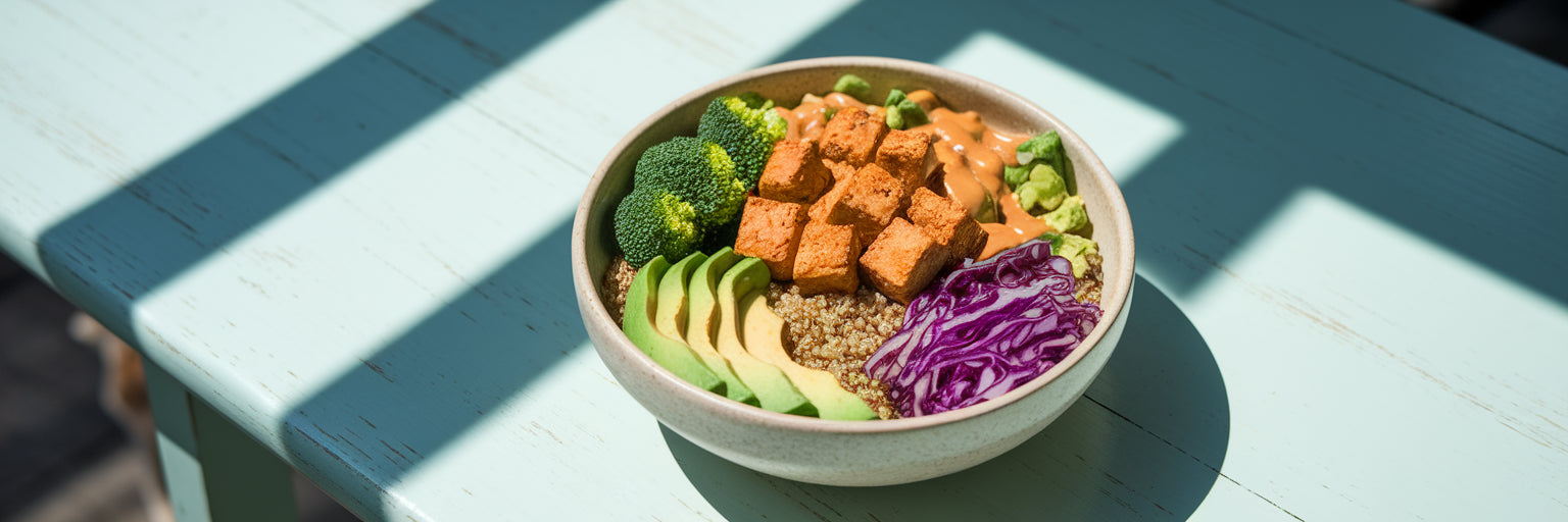 Colorful vegan protein Buddha bowl.