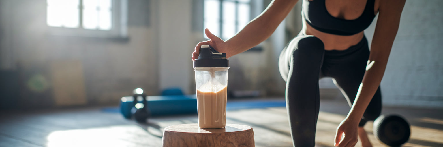 Person reaching for post-workout protein shake.