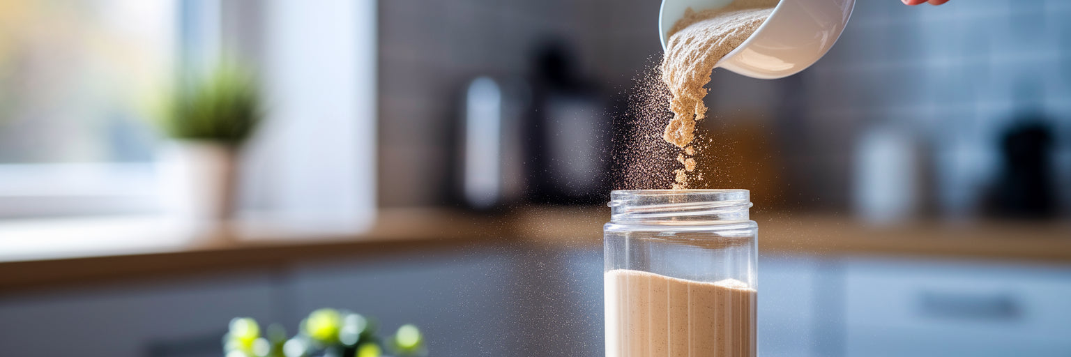 Scoop of vegan protein powder pouring.