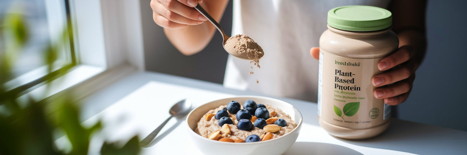 Person adding vegan protein to oatmeal.