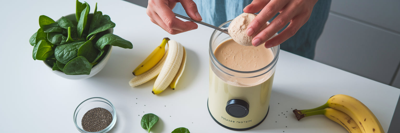 Hands scooping vegan protein powder
