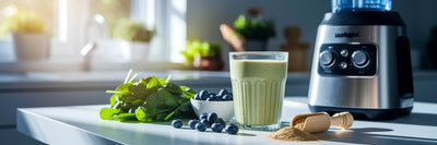 Freshly made green vegan protein shake.