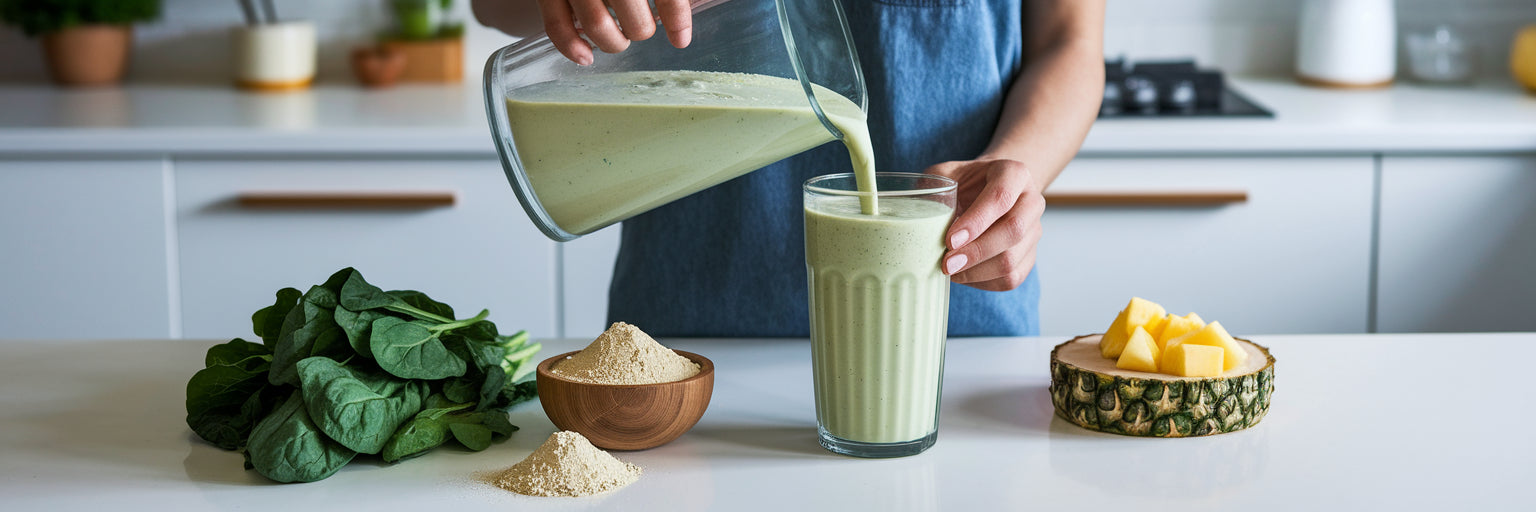 Pouring a healthy vegan protein smoothie.