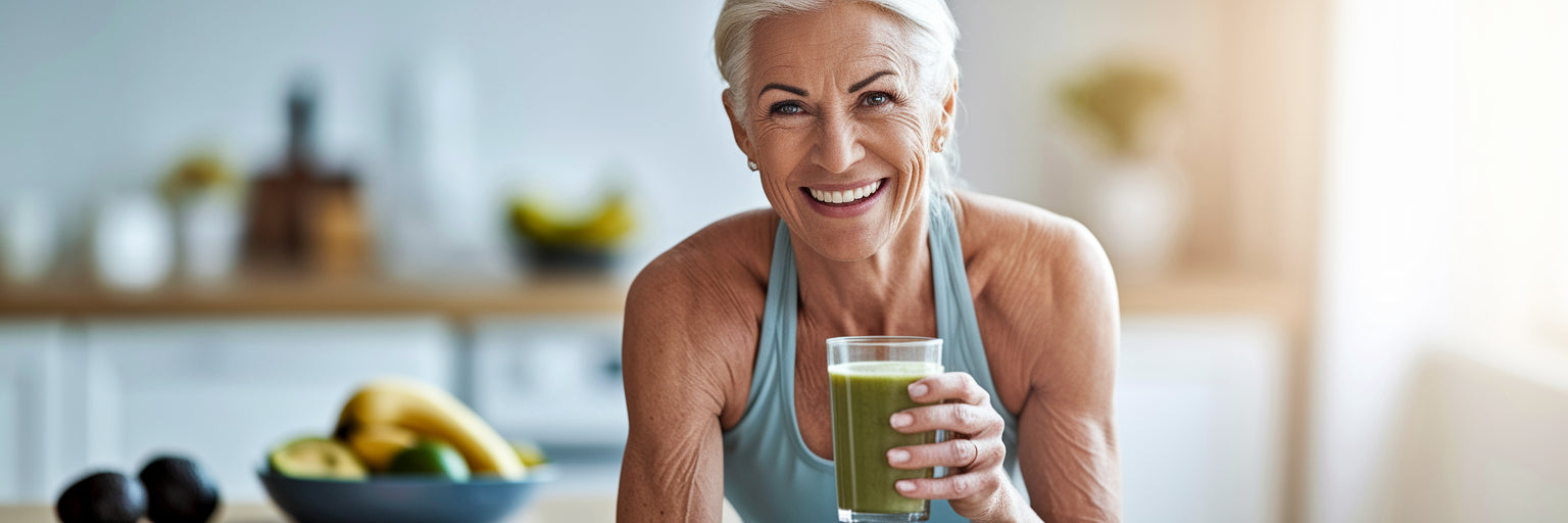 Healthy woman over 50 with protein smoothie.