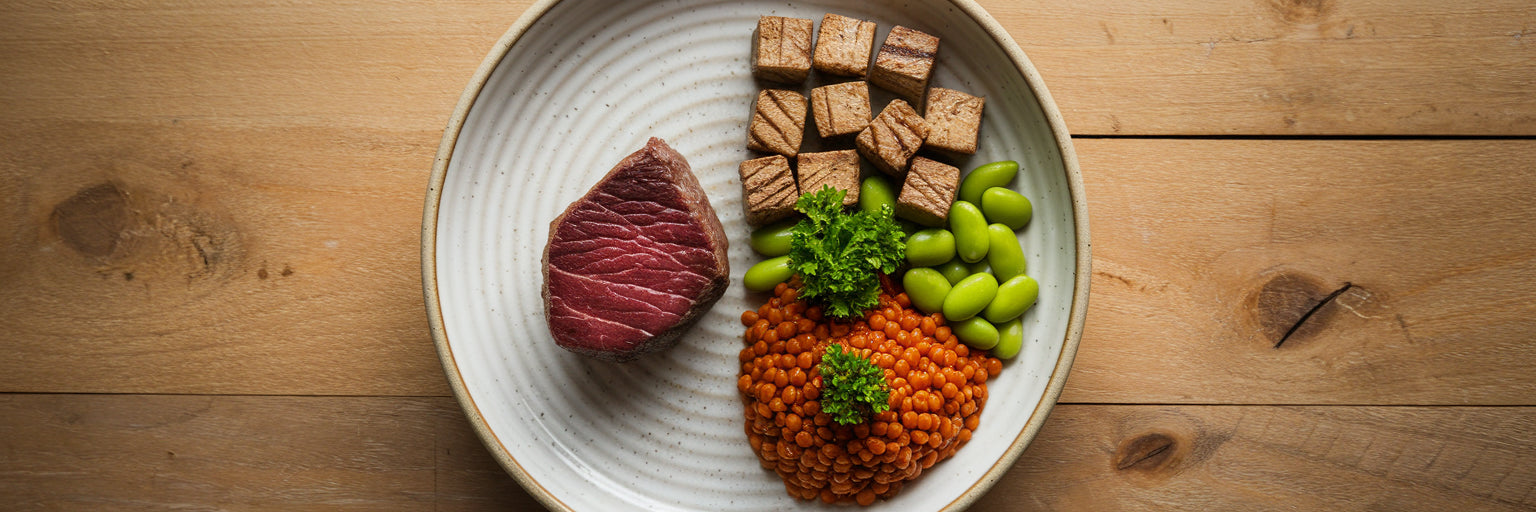Plate split between animal and vegan protein.