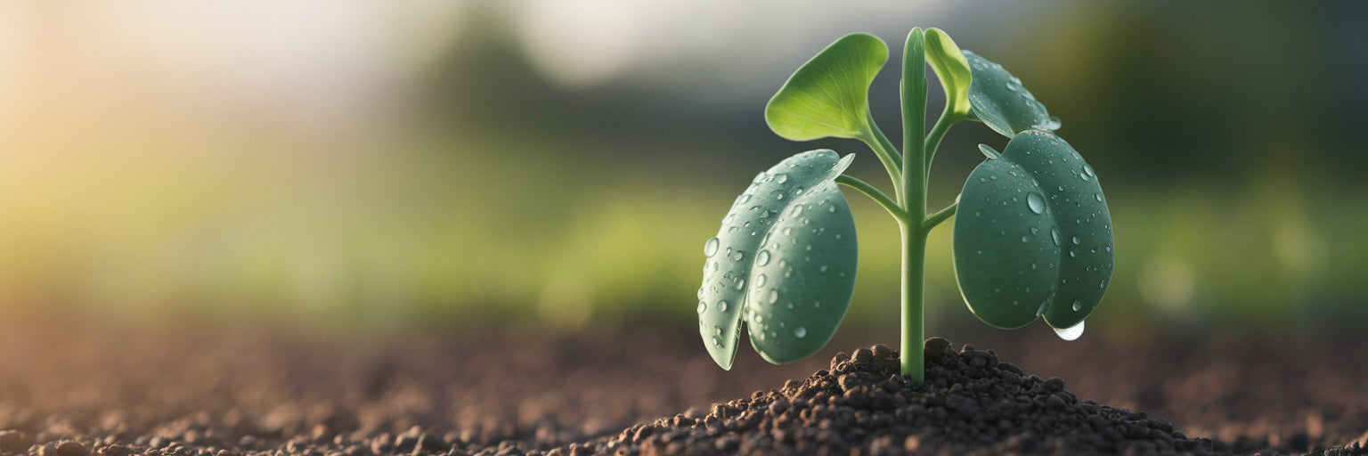 Lush green pea plant growing in soil.