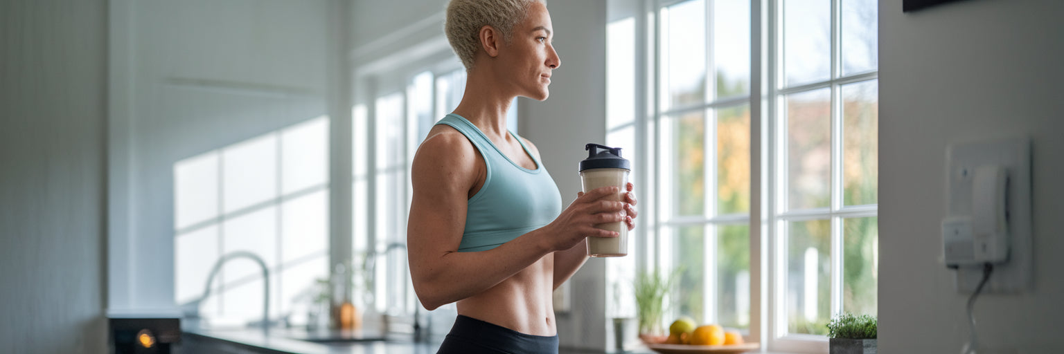 Person drinking vegan protein shake post-workout.