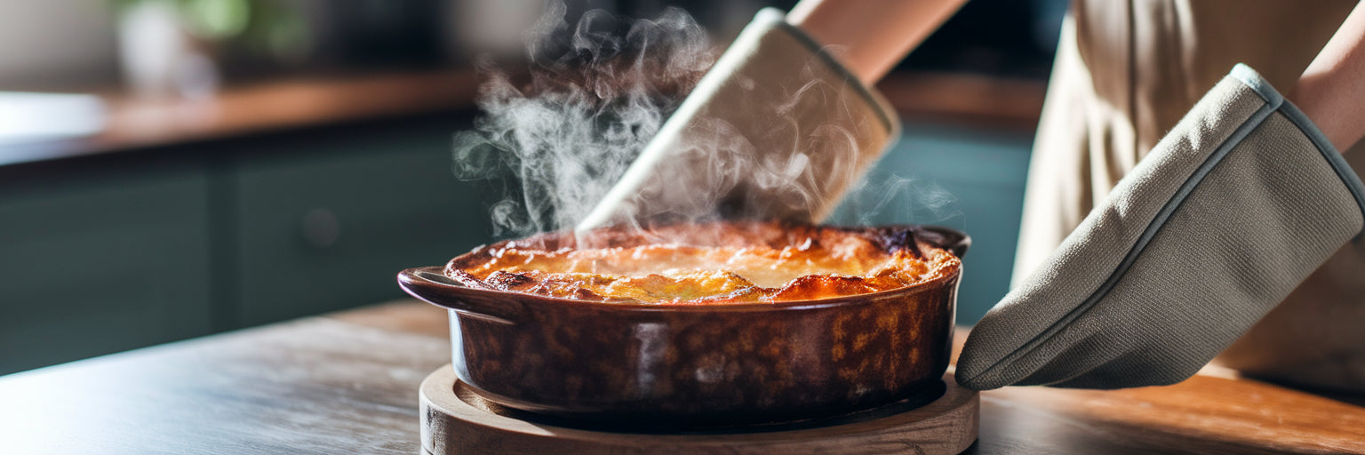 Placing hot vegan casserole on table
