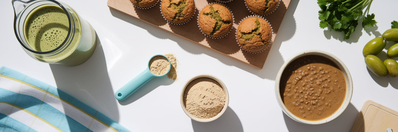 Vegan protein powder used in different meals.