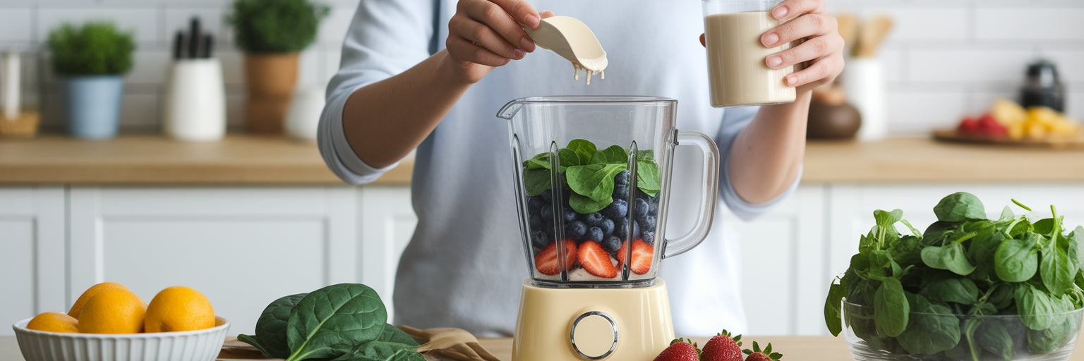 Hands adding vegan protein powder to a smoothie blender.