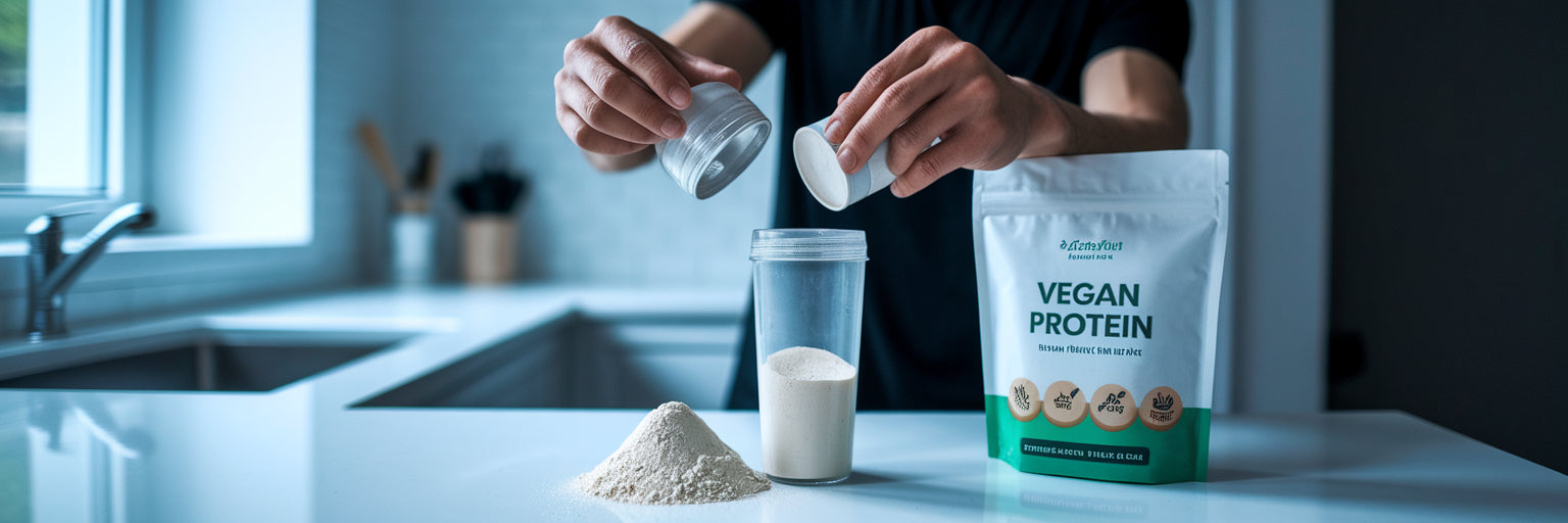 Hands mixing creatine and vegan protein.
